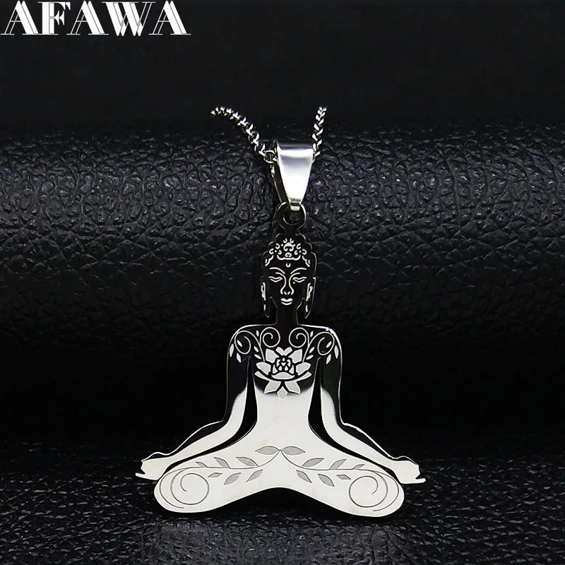 Yoga Buddha Stainless Steel Chain Necklace Women Silver Color Statement Necklace Jewelry Christmas Gift colgante mujer N6339S01