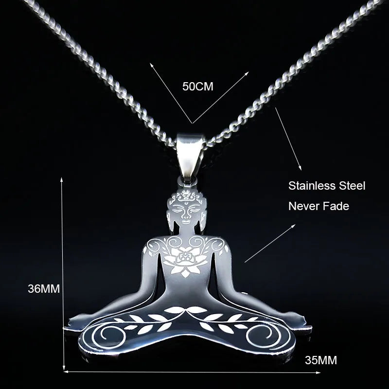 Yoga Buddha Stainless Steel Chain Necklace Women Silver Color Statement Necklace Jewelry Christmas Gift colgante mujer N6339S01